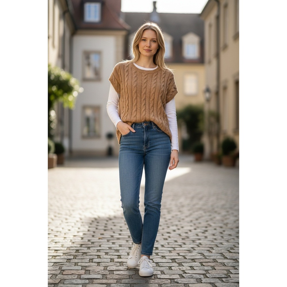 Lucky Brand Tan Cable Knit Sleeveless Sweater Vest Women's Medium